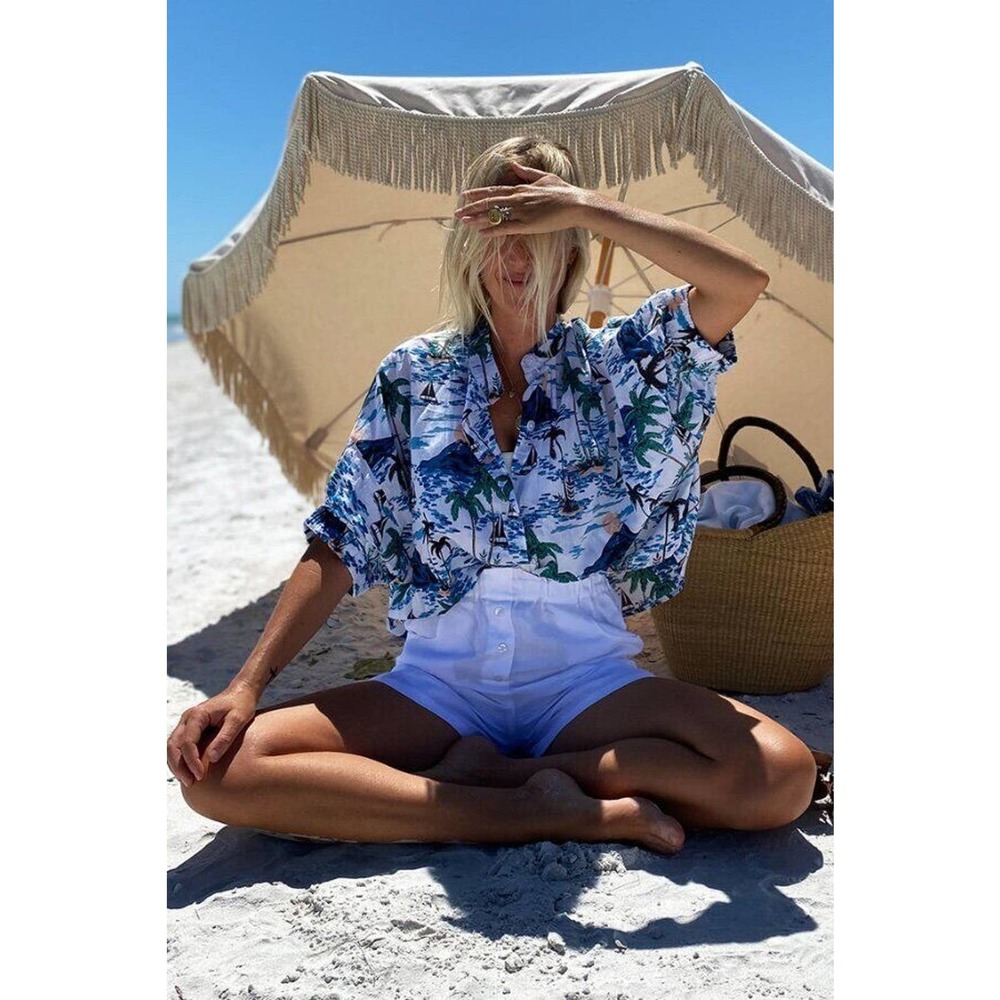 Emerson Fry Blue and White Tropical Print Button-Front Blouse
